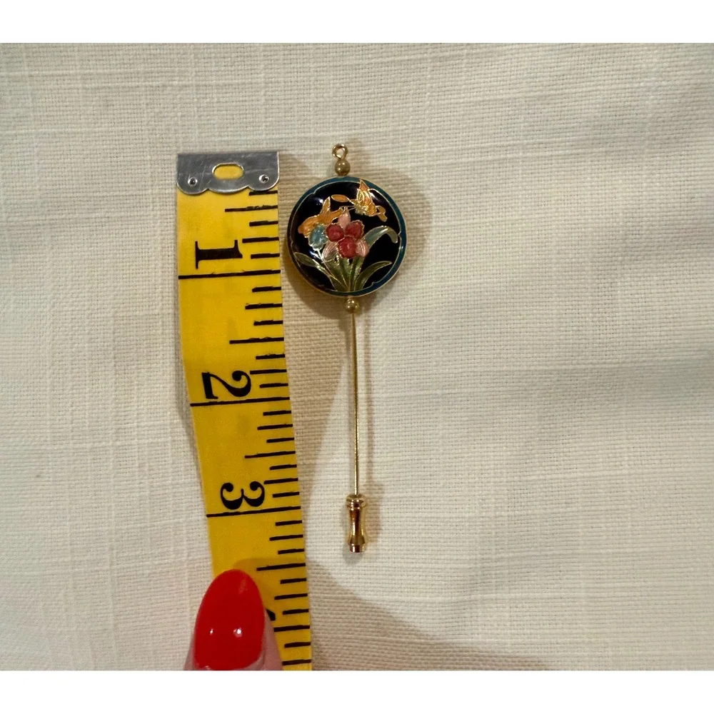 Cloisonne‎ Floral Butterfly Stick Pin Vintage Gold Tone Lapel Brooch